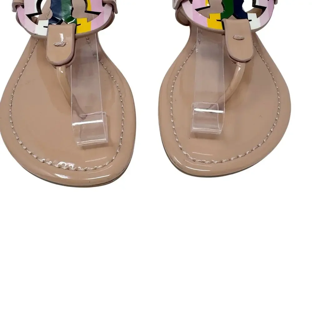 TORY BURCH Tan Beige Miller Sandal Flip Flop with Rainbow Stripe Logo